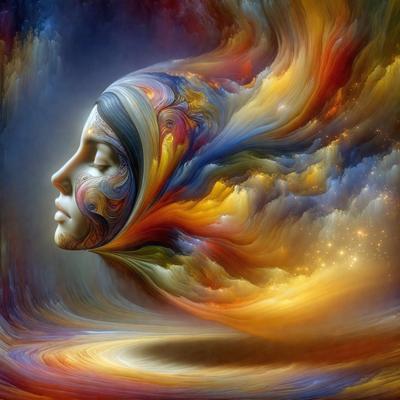 The primary subject of the image is a woman's face, which is painted with vibrant colors and features a patterned background. The setting is a colorful, abstract environment, and the visual style is a combination of digital art and illustration. The colors and mood of the image are lively and energetic, with a focus on the woman's face as the central point of interest.
